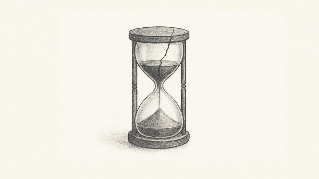 Reloj de arena con una grieta (símbolo de urgencia + desgaste del sistema actual): Denota la inminente necesidad de reforma, el paso del tiempo, el agotamiento del modelo vigente.